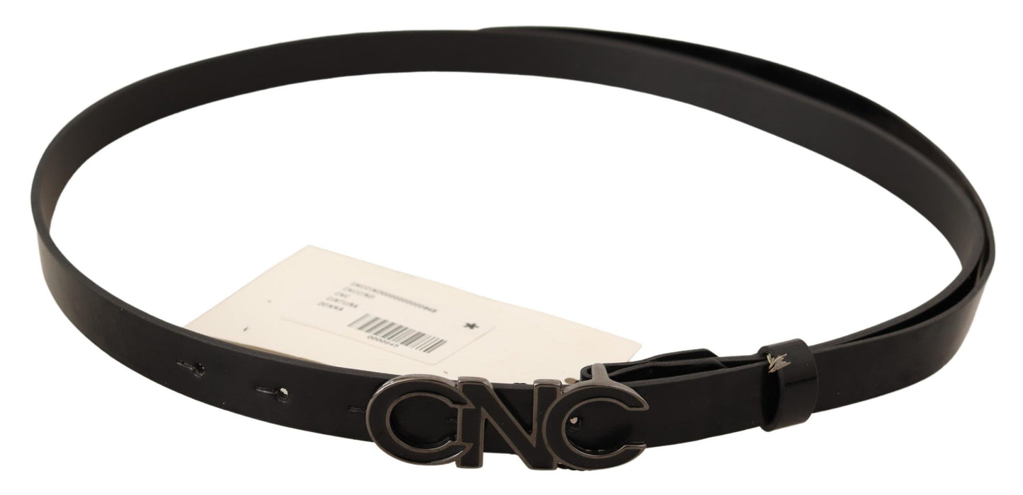 Costume National Black Leather Letter Logo Buckle Belt