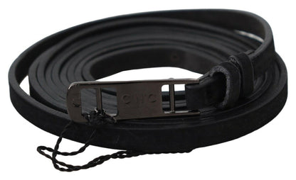 Costume National Black Leather Skinny Logo Buckle Belt