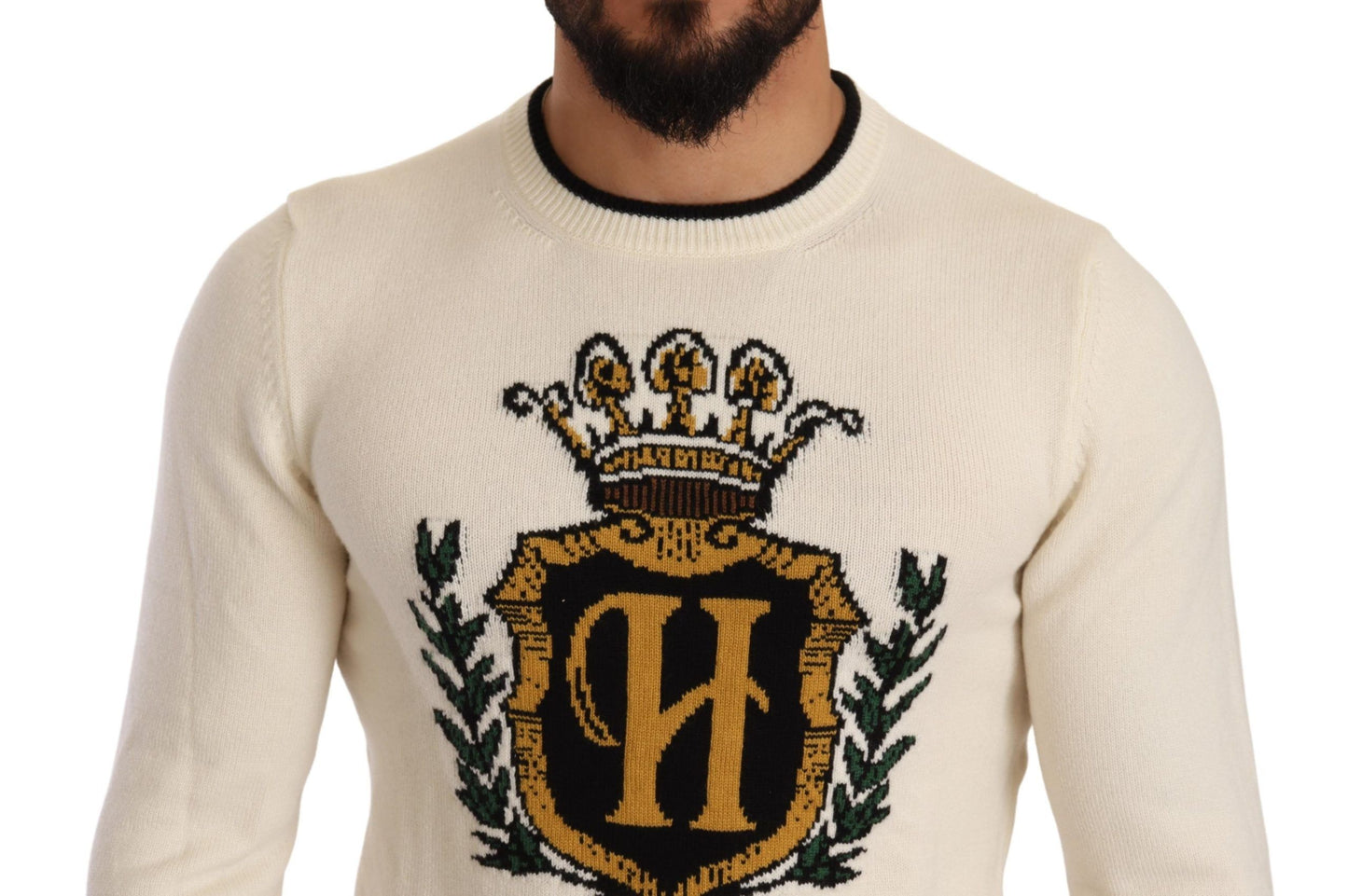 Dolce & Gabbana White Heraldic Cashmere Pullover Sweater