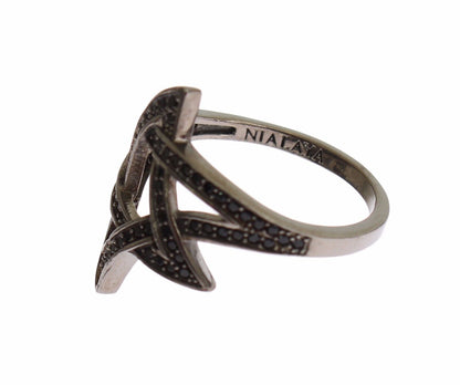 Nialaya Black CZ Rhodium 925 Silver Womens Ring