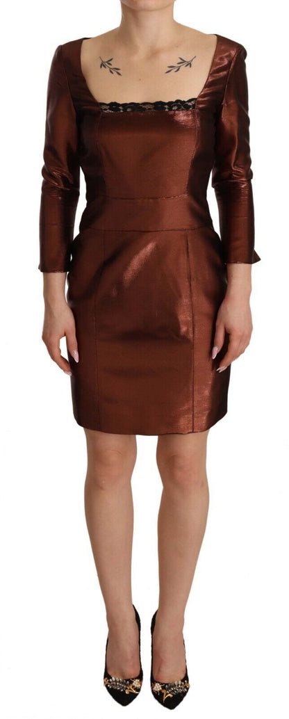 GF Ferre Metallic Brown Long Sleeves Square Neck Sheath Dress