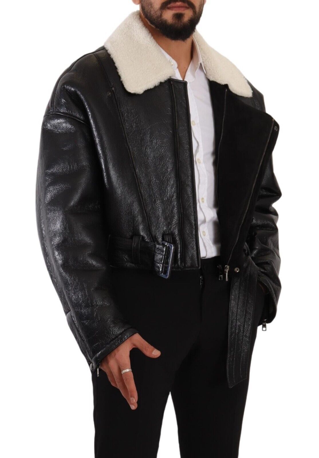 Dolce & Gabbana Black Leather Shearling Biker Coat Jacket