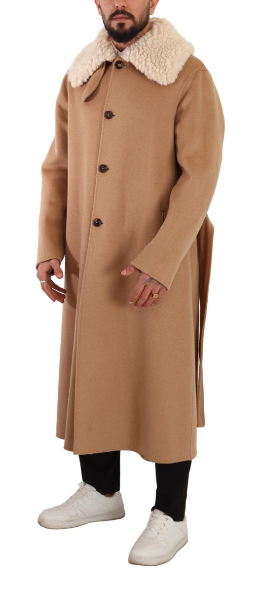 Dolce & Gabbana Beige Camel Skin Cashmere Shearling Overcoat Jacket