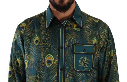 Dolce & Gabbana Peacock Feather Print Silk Pajama Mens Shirt