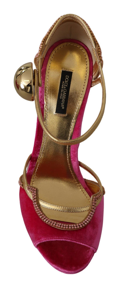 Dolce & Gabbana Pink Velvet Crystal Ankle Strap Sandals Shoes