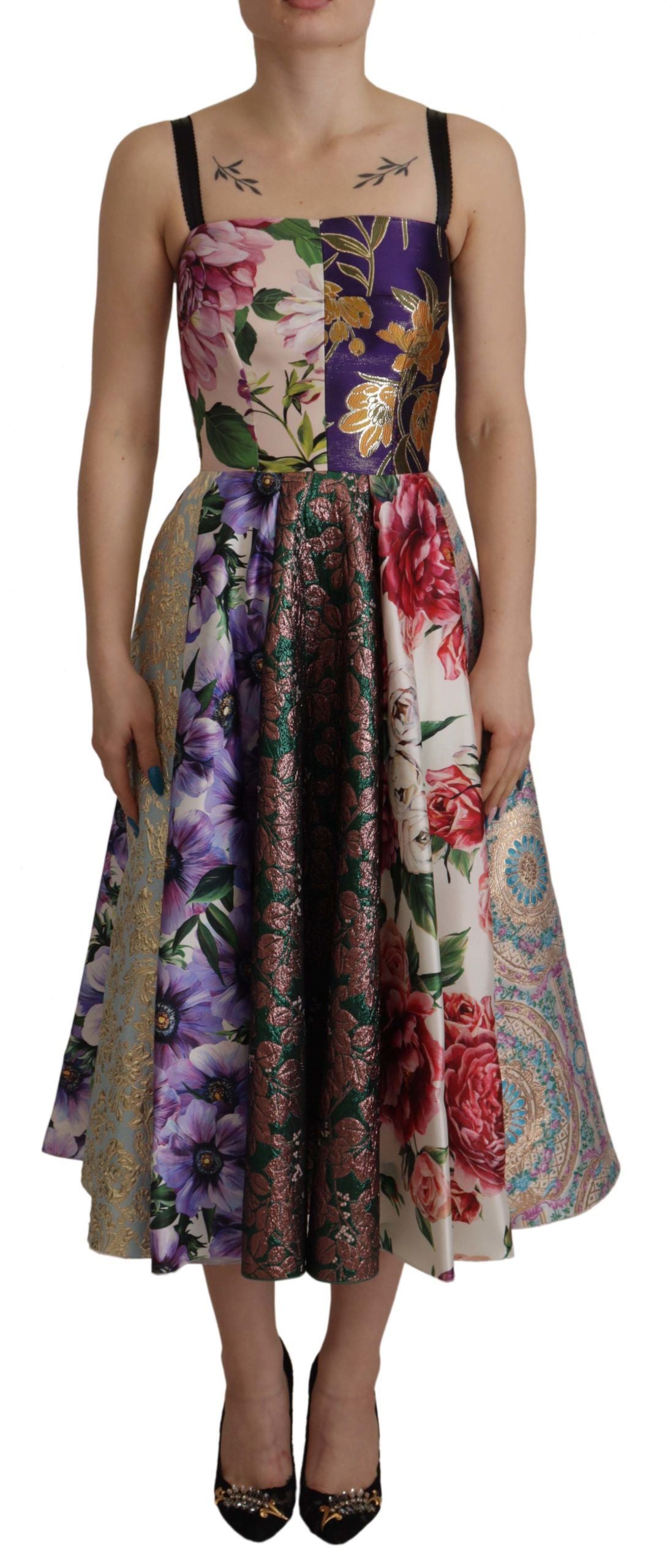 Dolce & Gabbana Dress Midi Patchwork Floral Jaquard Silk
