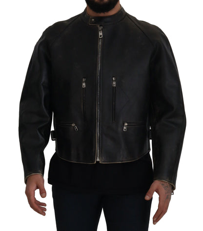 Dolce & Gabbana Black Leather Zipper Biker Coat Jacket