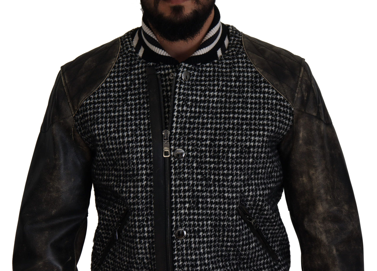 Dolce & Gabbana Black Houndstooth Polyester Bomber Jacket