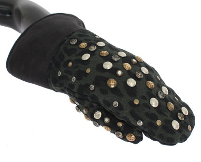 Dolce & Gabbana Gray Wool Shearling Studded Green Leopard Gloves