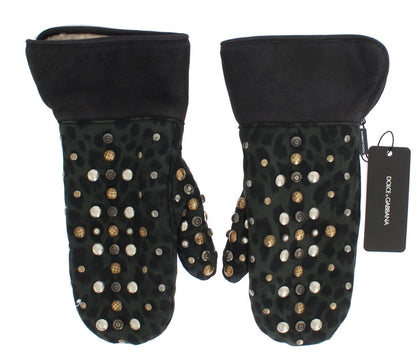 Dolce & Gabbana Gray Wool Shearling Studded Green Leopard Gloves