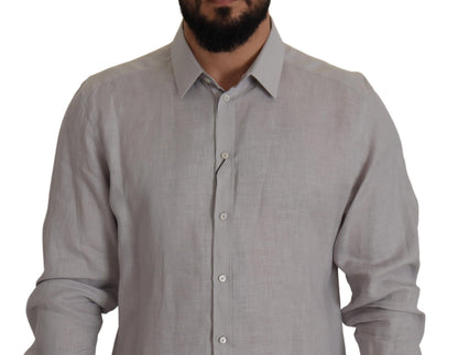 Dolce & Gabbana Gray Linen Long Sleeves Formal GOLD Shirt