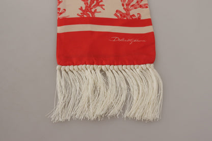 Dolce & Gabbana White Red Coral Print Shawl Wrap Fringe Scarf