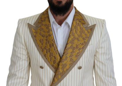 Dolce & Gabbana Off White Gold Striped Tuxedo Slim Fit Suit