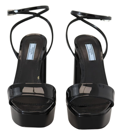 Prada Black Patent Sandals Ankle Strap Heels Leather