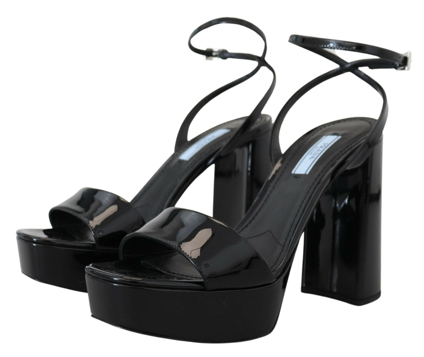 Prada Black Patent Sandals Ankle Strap Heels Leather
