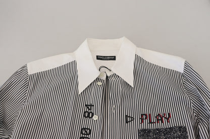 Dolce & Gabbana Black White Striped Printed Casual Cotton Shirt