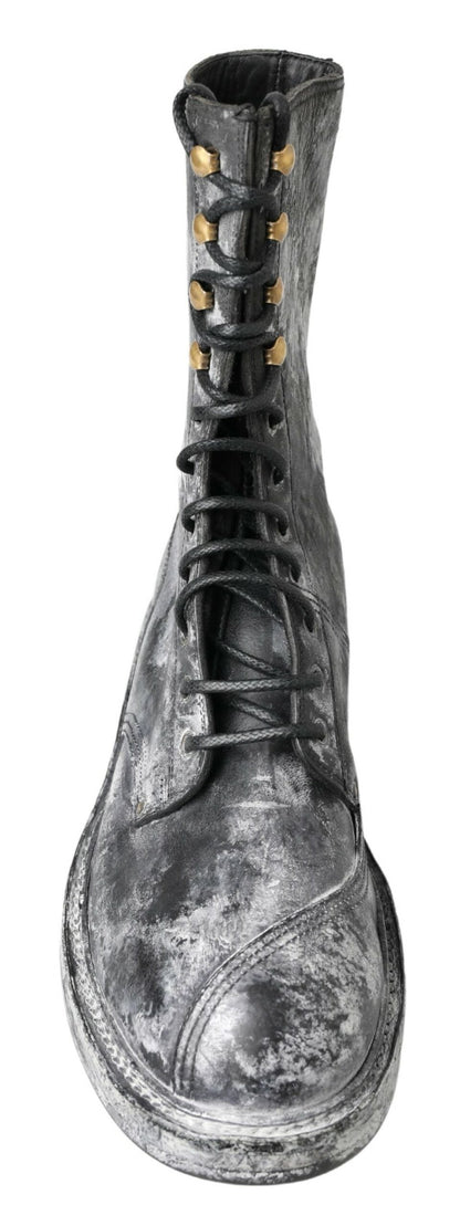 Dolce & Gabbana Black Gray Leather Mid Calf Boots Shoes