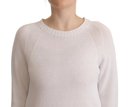 Alpha Studio White Long Sleeves Crewneck Pullover Sweater