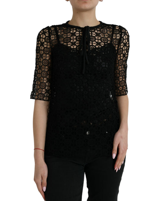 Dolce & Gabbana Black Floral Lace Short Sleeves Blouse Top
