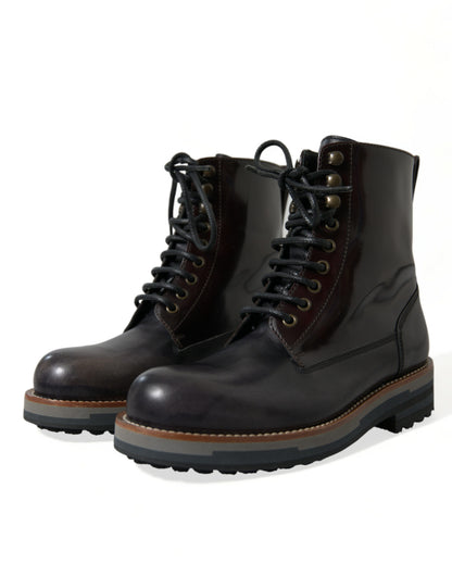 Dolce & Gabbana Black Leather Military Combat Boots Shoes