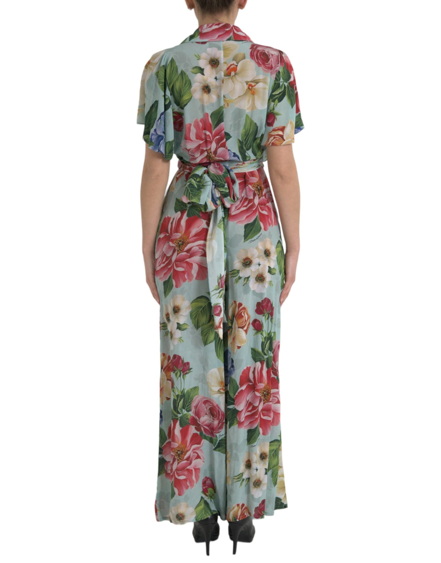 Dolce & Gabbana Blue Floral Wide Leg Wrap Jumpsuit Dress