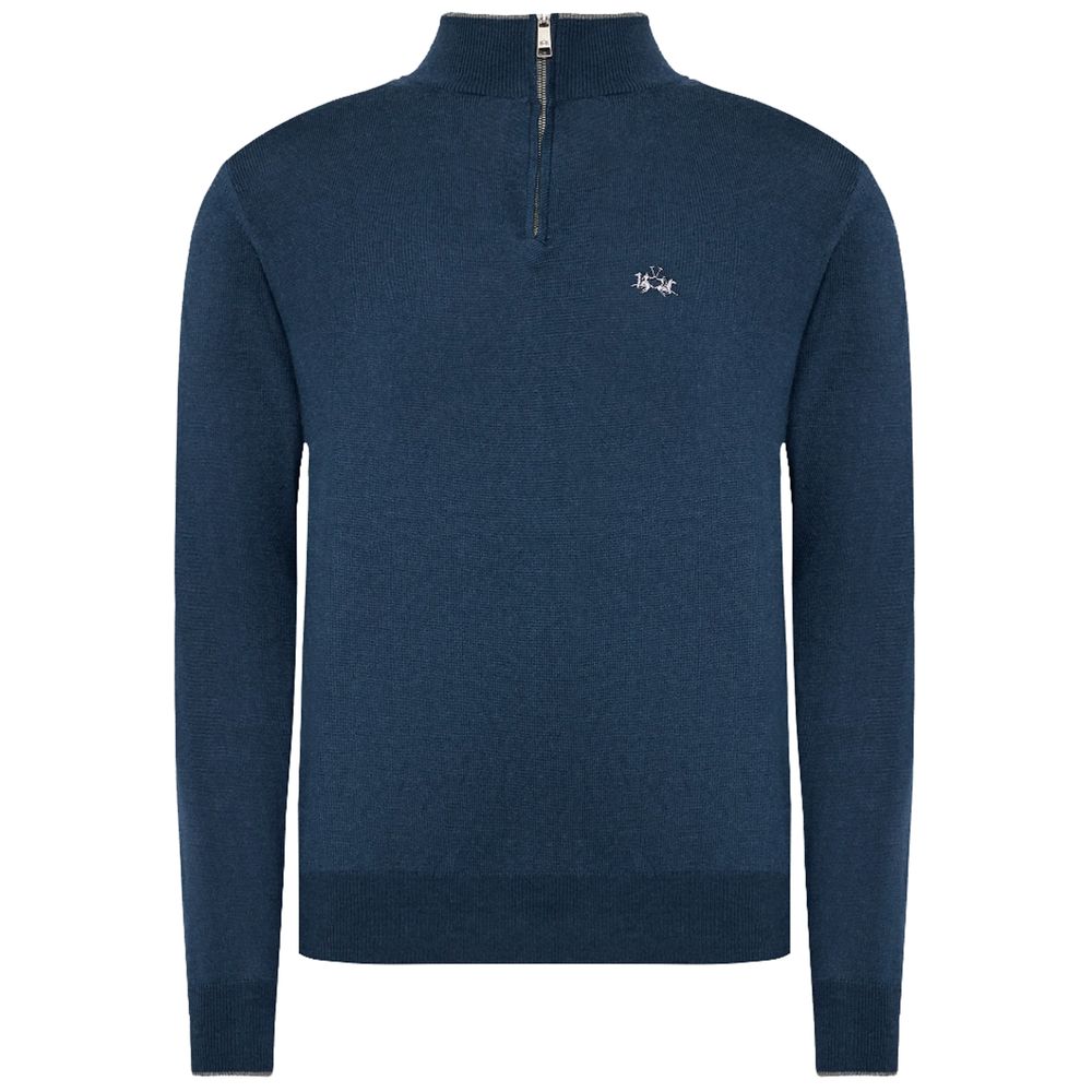 La Martina Blue Wool Men Sweater with Half Zip Closure