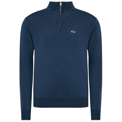 La Martina Blue Wool Men Sweater with Half Zip Closure