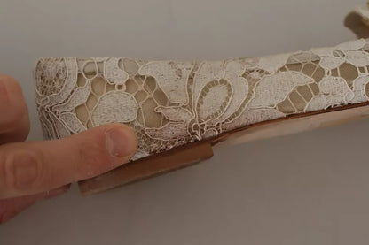 Dolce & Gabbana Beige Lace Crystal Ballet Flats Loafers Shoes