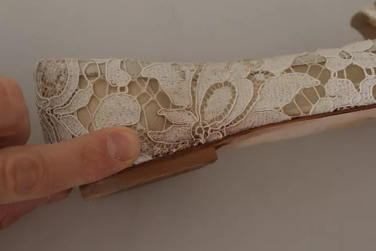 Dolce & Gabbana Beige Lace Crystal Ballet Flats Loafers Shoes