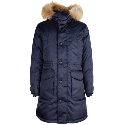 Add Blue Nylon Men Jacket with Fur-Trimmed Hood