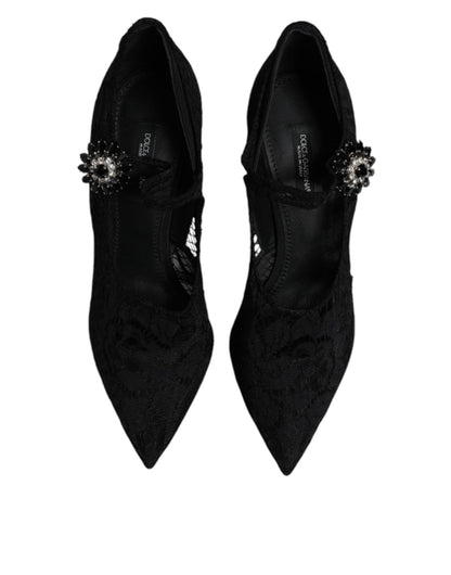 Dolce & Gabbana Black Lace Crystals Mary Jane Pumps Shoes