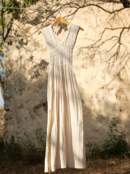 736 Albazer Gathered V-Neck Dress in   Khaki Organic Cotton