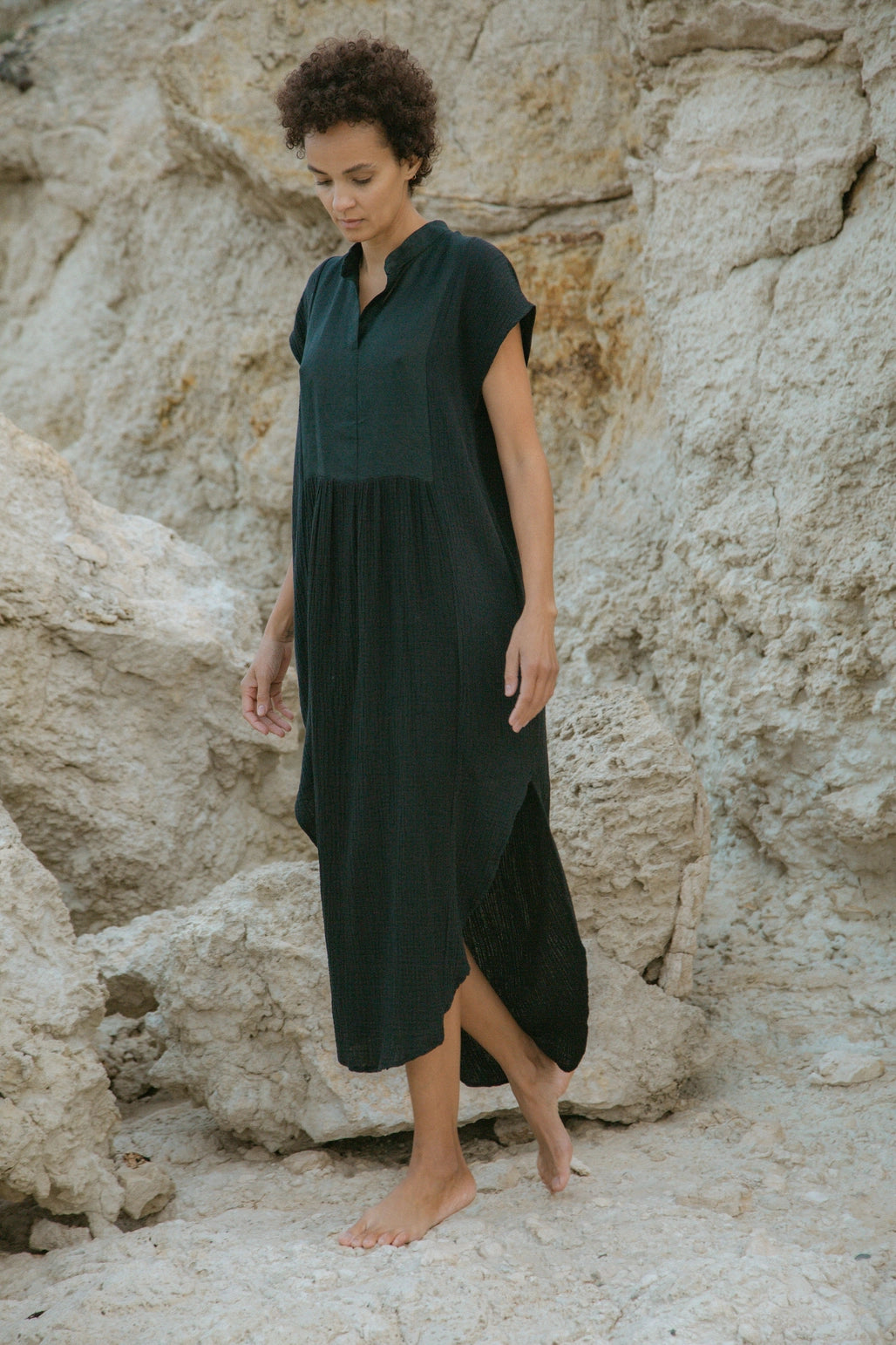 771 Nesprer Dress Beige Organic Cotton Gauze Black