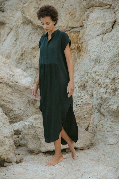 771 Nesprer Dress Beige Organic Cotton Gauze Black