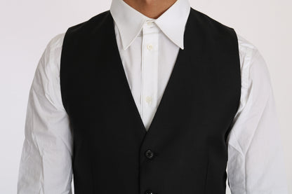 Dolce & Gabbana Black Solid Wool Silk Waistcoat Vest