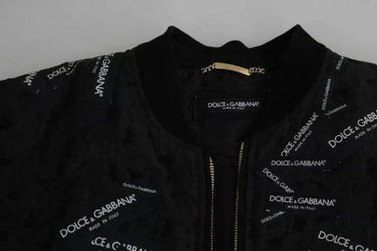 Dolce & Gabbana Black Logo Patch Brocade Bomber Full Zip Jacket