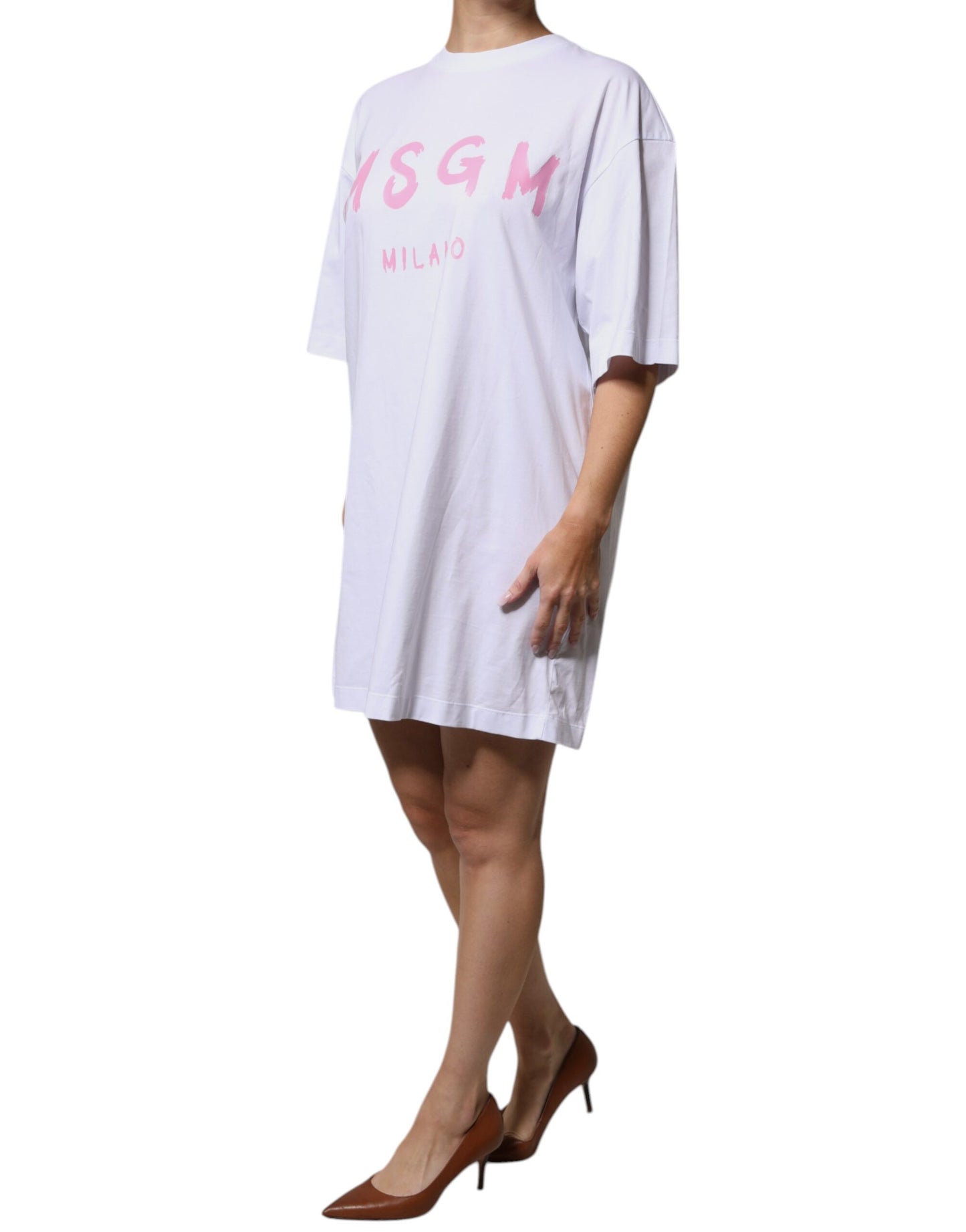 MSGM White Logo Print Cotton T-shirt Short Sleeves Mini Dress