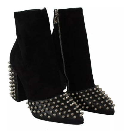 Philipp Plein Black Suede Studded Heels Ankle Boots Shoes