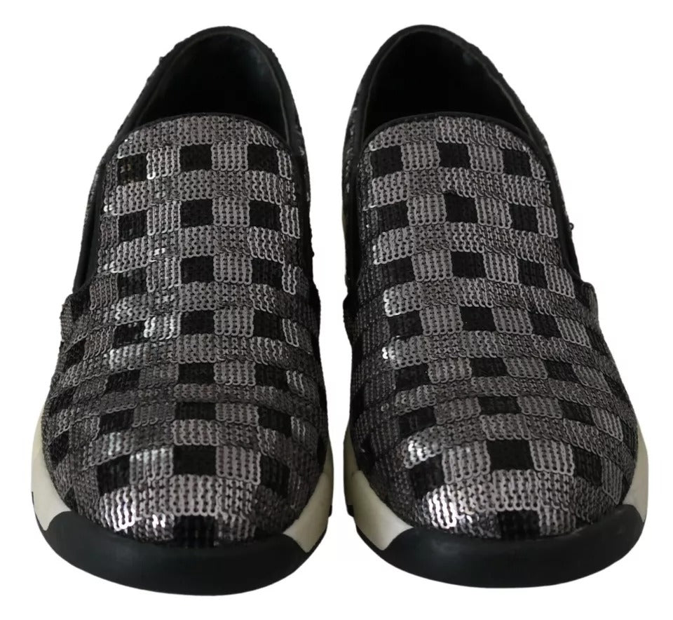 PINKO Silver Black Slip-on Sequence Design Sneakers Shoes