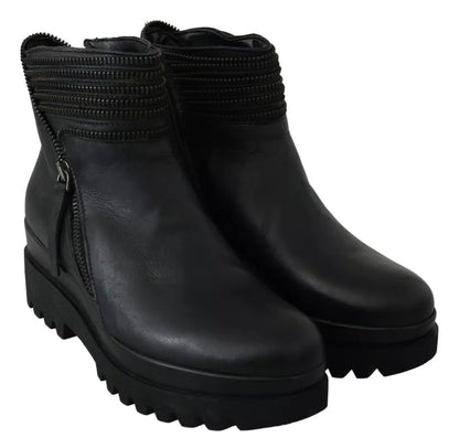 Ovyé Black Leather Zipper Ankle Boots Shoes