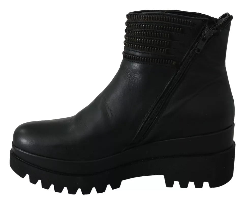 Ovyé Black Leather Zipper Ankle Boots Shoes