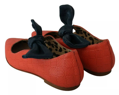 EBARRITO Orange Leather Bow Slip-on Loafers Ballet Flat Shoes