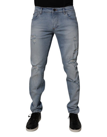 Dolce & Gabbana Blue Tattered Cotton Skinny Men Denim Jeans