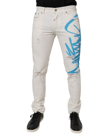 Dolce & Gabbana White Tattered Graffiti Skinny Denim Jeans