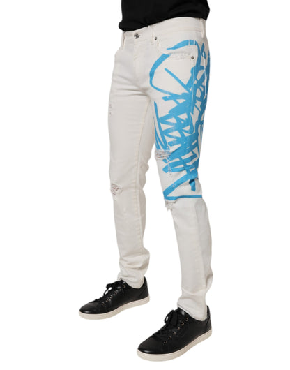 Dolce & Gabbana White Tattered Graffiti Skinny Denim Jeans