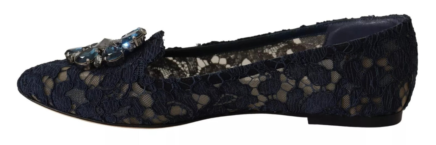 Dolce & Gabbana Blue Crystal Loafer Lace Ballet Flats Shoes
