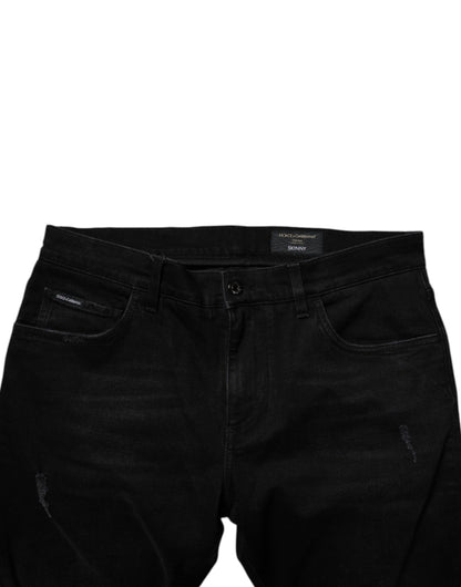 Dolce & Gabbana Black Cotton Tattered Skinny Men Denim Jeans