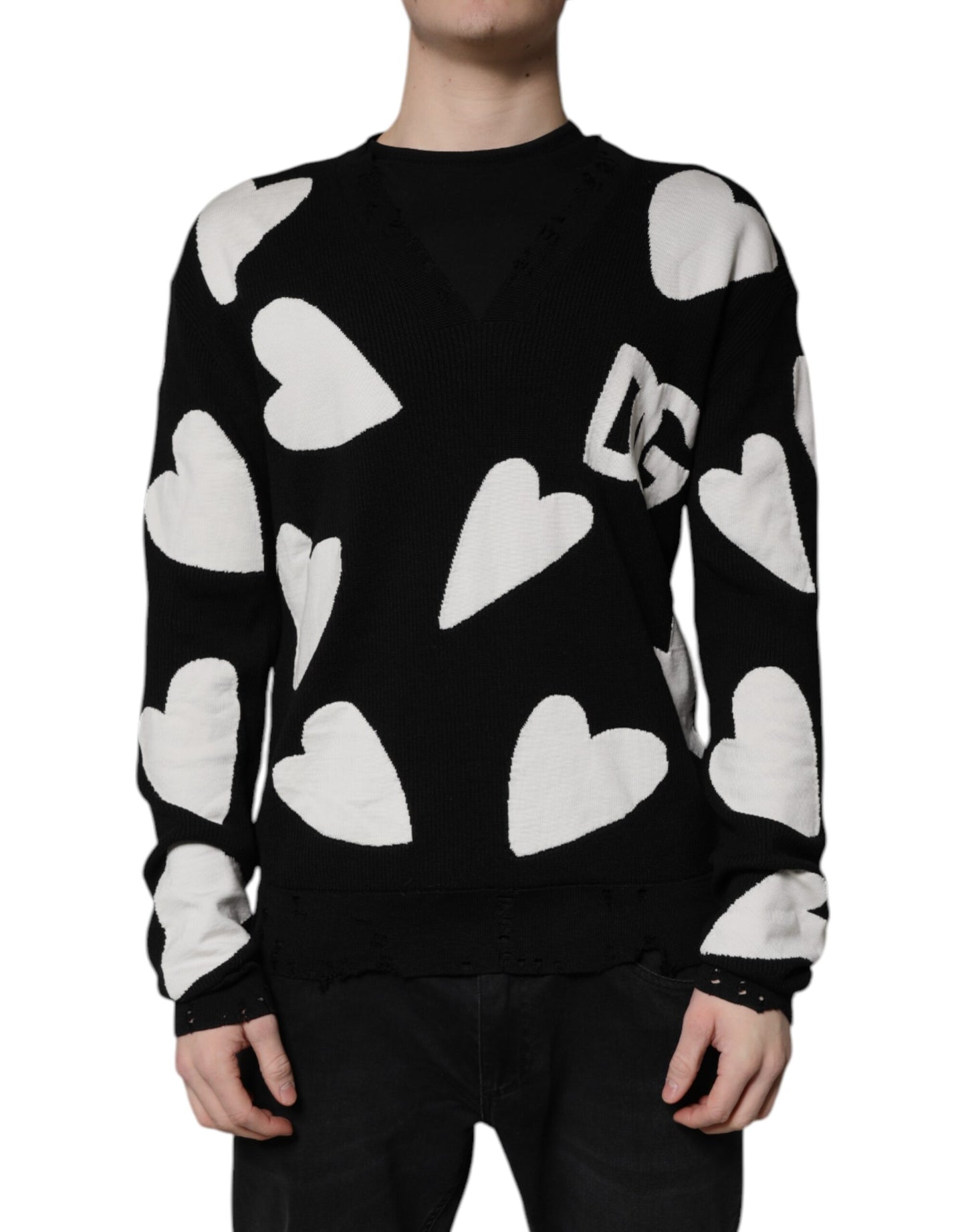 Dolce & Gabbana Black Hearts Silk Crew Neck Pullover Sweater