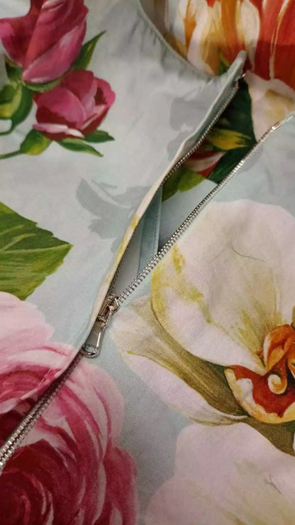 Dolce & Gabbana Green Floral Short Sleeves Cotton V-neck Dress