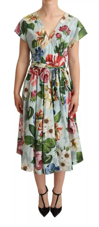 Dolce & Gabbana Green Floral Short Sleeves Cotton V-neck Dress